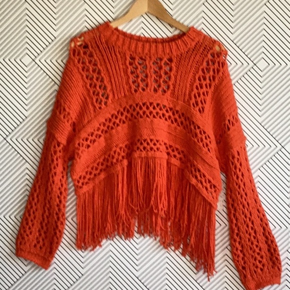 NWT FREE PEOPLE HIGHER LOVE BOHEMIAN CROCHET KNIT ORNAGE FRINGE SWEATER S - Picture 2 of 11